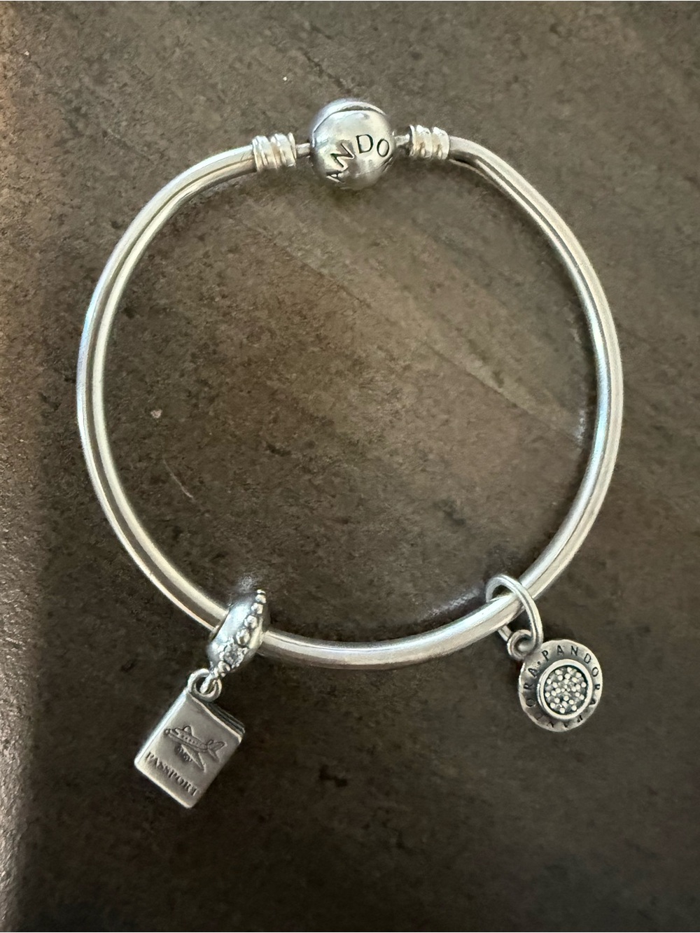 Pandora Silver Charm Bangle Bracelet with Two Dangling Charms